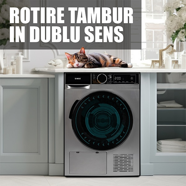 Uscator de rufe Samus SADP-836DS, 8 kg, Afisaj electronic, Tip procedura uscare pompa de caldura, 15 programe, Clasa energetica D, Anti-sifonare, Blocare acces copii, Pornire intarziata, Gri inchis [6]