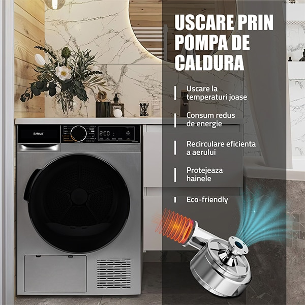 Uscator de rufe Samus SADP-836DS, 8 kg, Afisaj electronic, Tip procedura uscare pompa de caldura, 15 programe, Clasa energetica D, Anti-sifonare, Blocare acces copii, Pornire intarziata, Gri inchis [5]