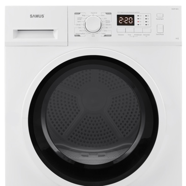 Uscator de rufe Samus SGDP-824, 8 kg, Tip procedura uscare pompa de caldura, 16 programe, Clasa energetica E, Anti-sifonare, Blocare acces copii, Alb [3]