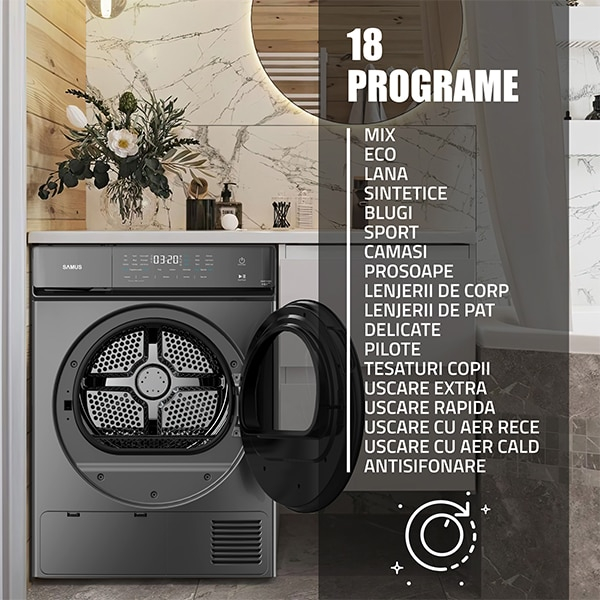 Uscator de rufe Samus SWDP-919DS, 8 kg, Tip procedura uscare: pompa de caldura. 18 programe, Clasa energetica E, anti-sifonare, blocare acces copii, gri inchis [6]