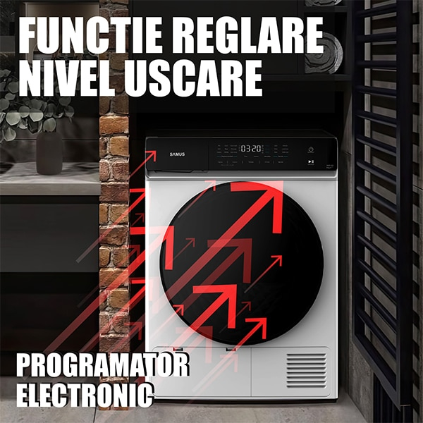 Uscator rufe automat Samus SWDP-918, pompa de caldura, 9 kg, clasa E, latime 59.8 cm, antisifonare, blocare acces copii, ajustare timp uscare, pornire intarziata, reglare nivel uscare [8]