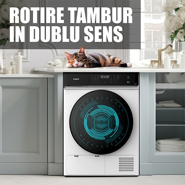 Uscator rufe automat Samus SWDP-918, pompa de caldura, 9 kg, clasa E, latime 59.8 cm, antisifonare, blocare acces copii, ajustare timp uscare, pornire intarziata, reglare nivel uscare [6]
