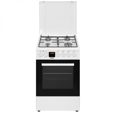 Aragazuri - Aragaz electric / gaz Samus SM563AENS, 4 arzatoare pe gaz, cuptor electric, 7 functii, grill, ventilator, timer digital, latime 50 cm, alb