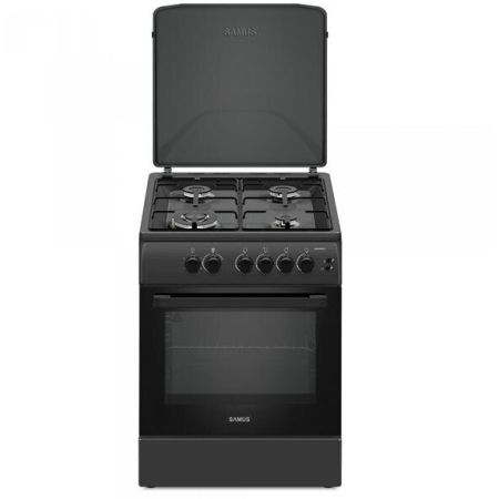 Aragazuri - Aragaz pe gaz Samus SM664BPGS Antracit, 4 arzatoare, cuptor pe gaz 70 litri, 1 arzator Wok, aprindere electrica, dispozitiv siguranta plita si cuptor, timer, grill, latime 60 cm, negru