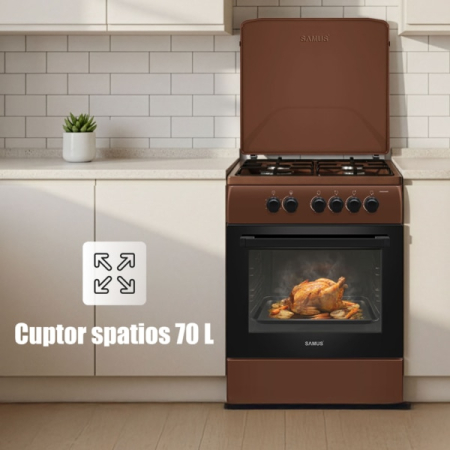 Aragaz pe gaz Samus SM664MBS, 4 arzatoare gaz, cuptor pe gaz, dispozitiv siguranta plita, dispozitiv siguranta cuptor, geam dublu la cuptor, timer mecanic, capac metalic, latime 60 cm, maro [2]