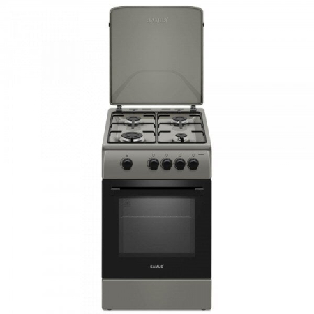 ELECTROCASNICE - Aragaz Samus SM561BSS, 4 arzatoare, Cuptor gaz, Geam dublu, Siguranta plita si cuptor, 50 cm latime, Argintiu