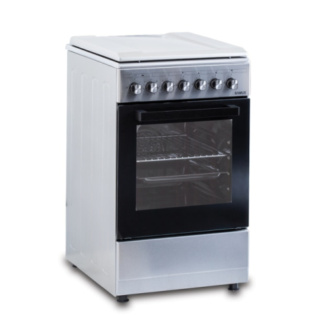 Aragaz Samus SM562AENS1 INOX, 4 arzatoare gaz, Gratare fonta, 7 functii, Cuptor electric, Aprindere electrica, Ventilator, Timer mecanic, Inox [1]