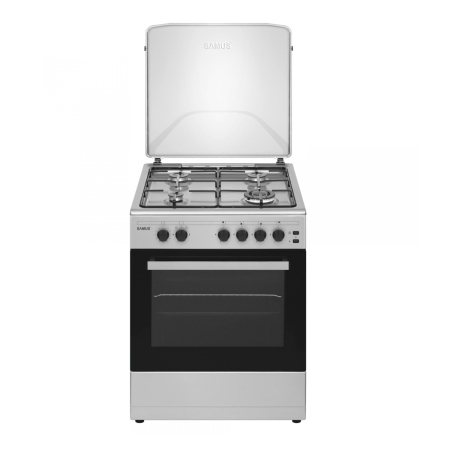 Aragazuri - Aragaz Samus SM661XPGS1, 4 arzatoare (1 wok), Cuptor pe gaz, 55 L, Grill, Timer, Aprindere electrica plita, Siguranta plita + cuptor, Inox