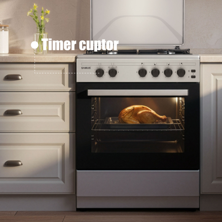 Aragaz Samus SM661XPGS1, 4 arzatoare (1 wok), Cuptor pe gaz, 55 L, Grill, Timer, Aprindere electrica plita, Siguranta plita + cuptor, Inox [5]
