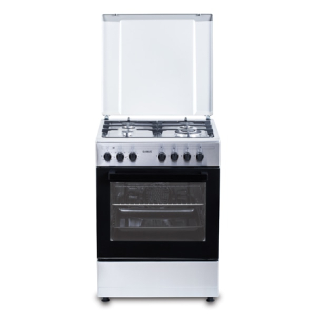 ELECTROCASNICE - Aragaz Samus SM662AENS1 INOX, 4 arzatoare gaz( 1 arzator Wok), cuptor electric, 56 L, gratare fonta, aprindere electrica, Grill, lumina interioara, INox/laterale argintii