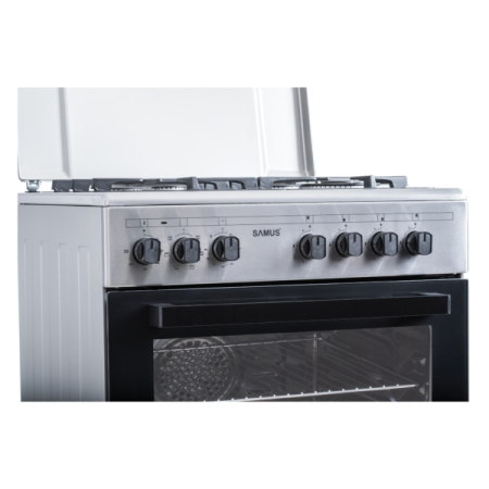 Aragaz Samus SM662AENS1 INOX, 4 arzatoare gaz( 1 arzator Wok), cuptor electric, 56 L, gratare fonta, aprindere electrica, Grill, lumina interioara, INox/laterale argintii [1]