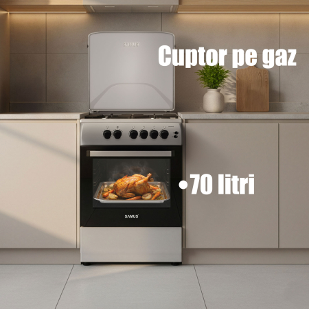 Aragaz Samus SM664XPGS1, 4 arzatoare gaz, cuptor gaz, aprindere electrica plita, timer, grill, sigurante plita si cuptor, Inox/laterale argintii [4]