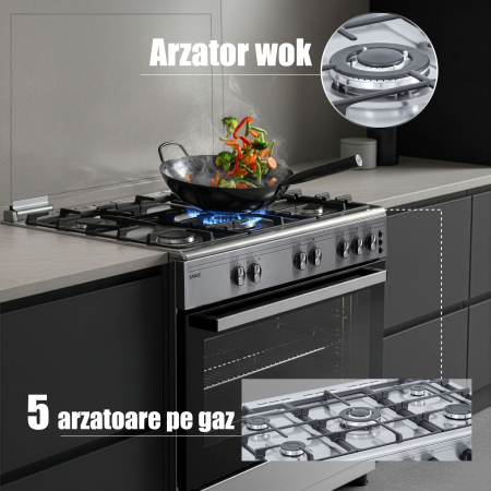 Aragaz Samus SM950AGRXS1, 90 cm, 5 arzatoare, cuptor gaz, aprindere electrica plita si cuptor, timer mecanic, capacitate cuptor 92 L, Inox/Laterale argintii [6]