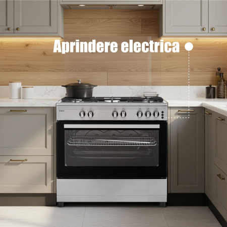 Aragaz Samus SM950AGRXS1, 90 cm, 5 arzatoare, cuptor gaz, aprindere electrica plita si cuptor, timer mecanic, capacitate cuptor 92 L, Inox/Laterale argintii [7]