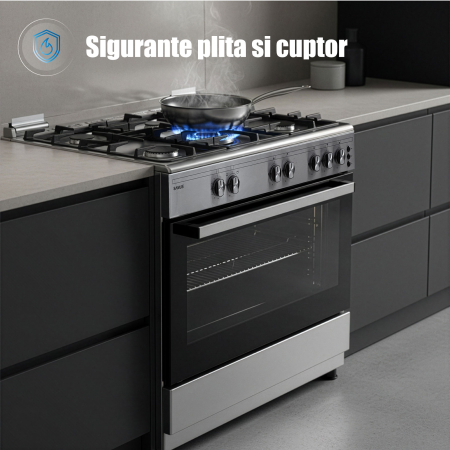 Aragaz Samus SM950AGRXS1, 90 cm, 5 arzatoare, cuptor gaz, aprindere electrica plita si cuptor, timer mecanic, capacitate cuptor 92 L, Inox/Laterale argintii [8]
