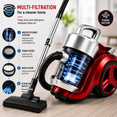 RESIGILAT - Aspirator fara sac Hoffmans HM-8801, 1800W, sistem multiciclonic, recipient 3L, filtru lavabil, putere reglabila, Rosu-Negru [3]