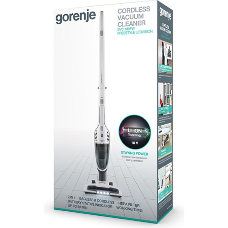Aspirator vertical GORENJE Freestyle SVC180FW, 0.6l, 18V, autonomie max 45 min, iluminare LED, alb-gri inchis [2]