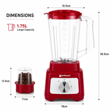 Blender 2 in 1 cu rasnita Hoffmans, Capacitate bol 1.75L, Tehnoligie ProBlend, 2 viteze + Pulse, recipient pentru macinare inclus, Rosu/Alb [6]