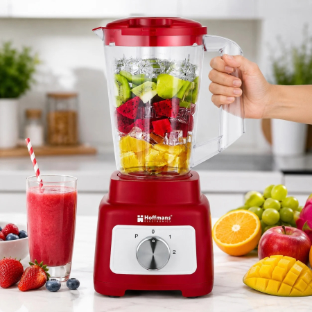 Blender 2 in 1 cu rasnita Hoffmans, Capacitate bol 1.75L, Tehnoligie ProBlend, 2 viteze + Pulse, recipient pentru macinare inclus, Rosu/Alb [1]