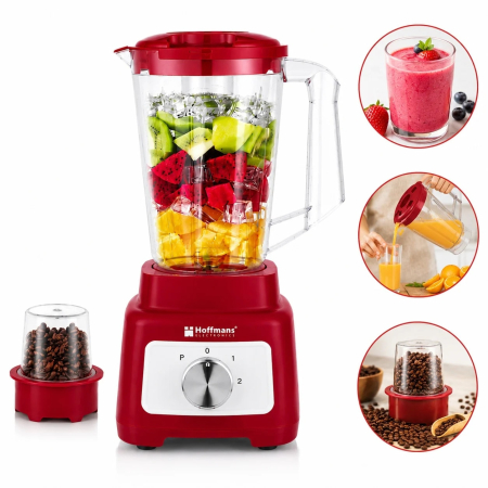 ELECTROCASNICE - Blender 2 in 1 cu rasnita Hoffmans, Capacitate bol 1.75L, Tehnoligie ProBlend, 2 viteze + Pulse, recipient pentru macinare inclus, Rosu/Alb