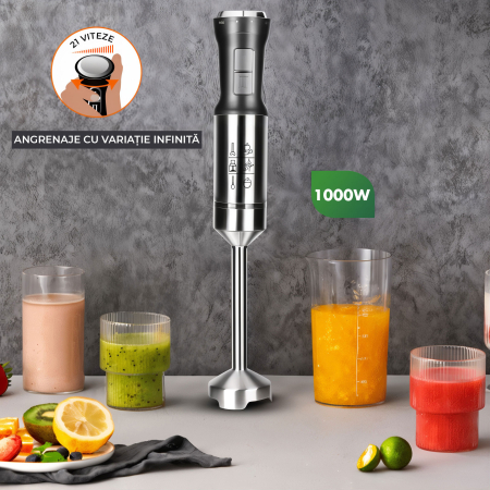Blender de mână Hoffmans HM-8025, 1000W, 21 viteze, 4 lame inox, picior inox 304, anti-stropire, Argintiu [4]