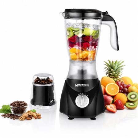 Blendere - Blender Electric 2-în-1 Hoffmans HM-2101, 600W, Vas 1,5L, Râșniță, Lame din Inox, Blender Multifuncțional pentru Fructe și Legume, Negru