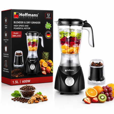 Blender Electric 2-în-1 Hoffmans HM-2101, 600W, Vas 1,5L, Râșniță, Lame din Inox, Blender Multifuncțional pentru Fructe și Legume, Negru [1]