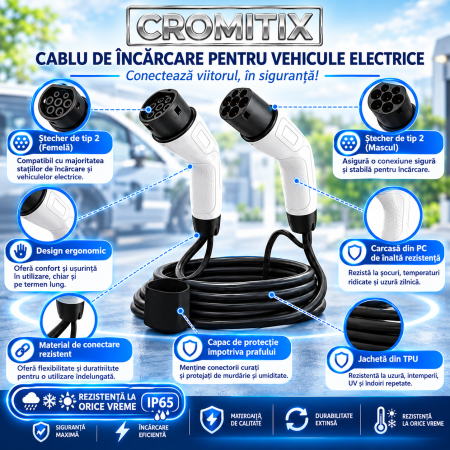 Cablu incarcare masina electrica CROMITIX®, 22 kW, type 2, 32A, Trifazat, 5 Metri, IP65, Geanta inclusa [3]