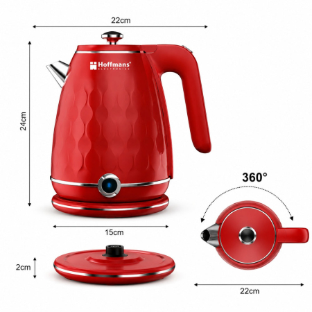 Fierbator Electric Hoffmans HM-2566, 2000W, Capacitate 2L, Inox 304, Baza Rotativa 360°, Indicator LED, Oprire Automata, Protecție la Supraincalzire, Rosu [5]
