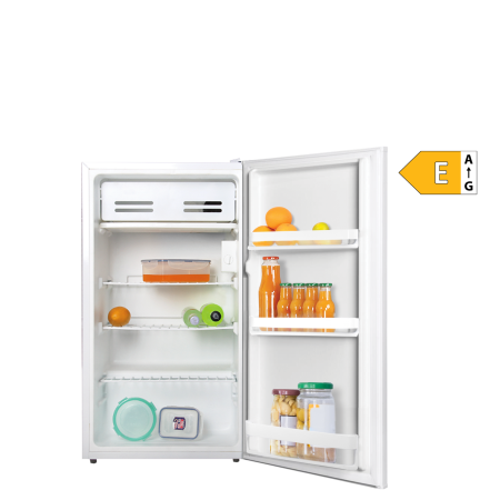 Frigider cu o usa VIVAX TTR-93E+, 93L, Clasa E, Termostat reglabil, Iluminare interioara, Compartiment gheata, Usa reversibila, Suprafata painted metal, 3 Rafturi metalice, H 85 cm, Alb [1]