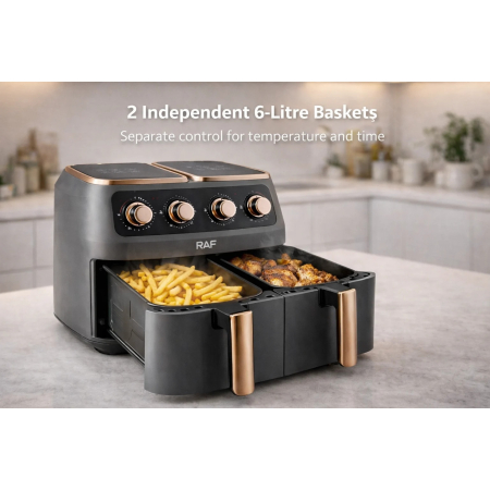 Friteuză cu Aer Cald Dublă RAF R-5236, 8L, 2800W, 2 Coșuri Independente, Touch Screen Digital, Ușă Dublă, Gătire Rapidă cu Aer 360°, Timer 60 Minute, Negru [1]