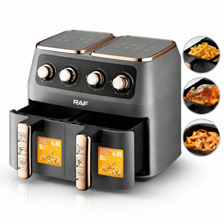 Friteuze - Friteuză cu Aer Cald Dublă RAF R-5236, 8L, 2800W, 2 Coșuri Independente, Touch Screen Digital, Ușă Dublă, Gătire Rapidă cu Aer 360°, Timer 60 Minute, Negru