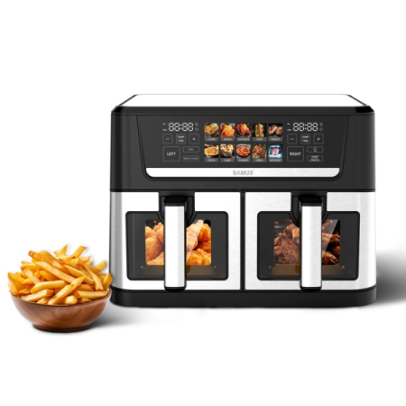 Friteuza cu aer cald Samus AF12TWIN-S2800DW, 2800 W, 12 l, Doua cosuri independente de cate 6 litri cu interior antiaderent si fereastra, Timer, 10 programe, Afisaj electronic color [2]