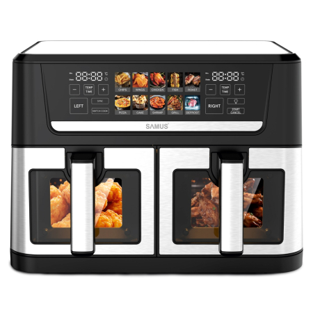 Friteuze - Friteuza cu aer cald Samus AF12TWIN-S2800DW, 2800 W, 12 l, Doua cosuri independente de cate 6 litri cu interior antiaderent si fereastra, Timer, 10 programe, Afisaj electronic color
