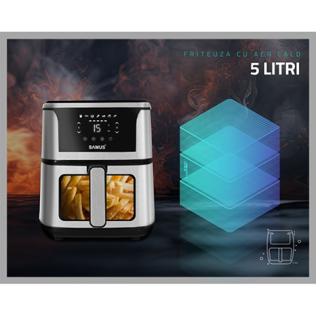 Friteuza cu aer cald Samus AF5-S1400DW, 1400 W, 5 L, Display led, Timer 60 min, 7 Programe, Fry Force 360°, Touch Control, Negru/Argintiu [5]