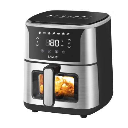 Friteuze - Friteuza cu aer cald Samus AF5-S1400DW, 1400 W, 5 L, Display led, Timer 60 min, 7 Programe, Fry Force 360°, Touch Control, Negru/Argintiu