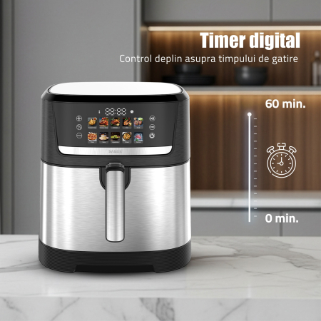 Friteuza cu aer cald Samus AF8-S1700DW, putere 1700W, 8 litri, control digital tactil, 12 programe presetate, tehnologie Fry-Force 360°, negru-inox [4]