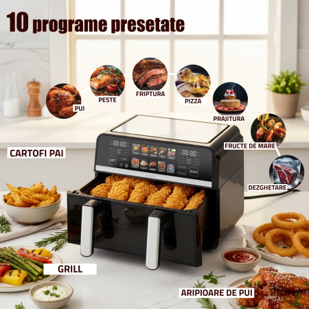 Friteuza cu aer cald Samus AF9BIG-S2500DW, 2500 W, 9 litri, Separator compartiment detasabil, Afisaj electronic color, Touch Control, Timer, 10 programe, Tehnologia Fry-Force 360° [8]