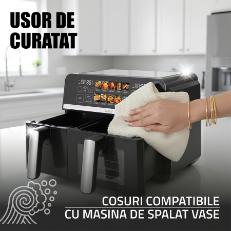 Friteuza cu aer cald Samus AF9DUO-S2600DW, 2600 W, 9 litri, Doua cosuri cu interior antiaderent: 3.5 litri si 5.5 litri cu fereastra, Afisaj electronic color, Touch Control, Timer, 10 programe [12]