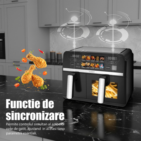 Friteuza cu aer cald Samus AF9DUO-S2600DW, 2600 W, 9 litri, Doua cosuri cu interior antiaderent: 3.5 litri si 5.5 litri cu fereastra, Afisaj electronic color, Touch Control, Timer, 10 programe [6]