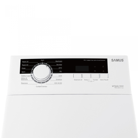 Masina de spalat rufe cu incarcare verticala Samus WTSGD-70123, 7 kg, 15 programe, 15 programe, 1200 rotatii, Clasa energetica C, Programe speciale Sterilizare, Mix, Blocare acces copii, Alb [1]