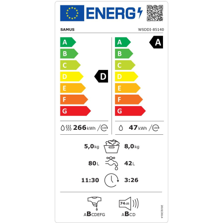 Masina de spalat rufe cu uscator Samus WSDDI-85140, spalare 8 kg, uscare 5 kg, 1400 rpm, clasa D, latime 59.5 cm, motor inverter, afisaj LCD, incarcare cu rufe in timpul spalarii, Alb [3]