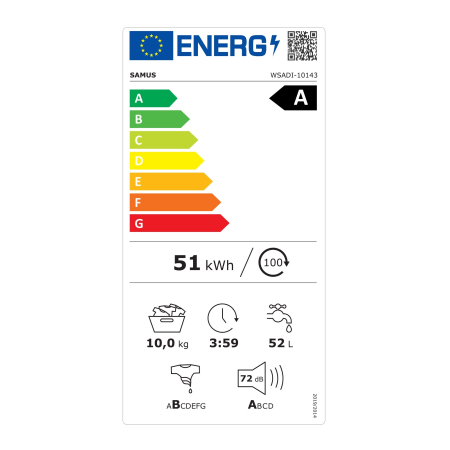 Masina de spalat rufe frontala Samus WSADI-10143, 10 kg, 1400 rpm, clasa A, adancime 53.5 cm, motor inverter, functie Abur, program Eliminare par de animale, pornire intarziata, Alb-Negru [1]