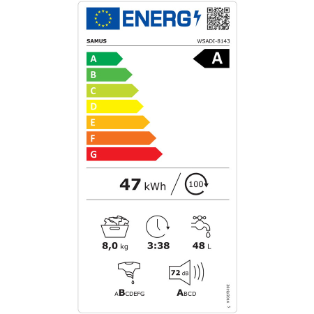 Masina de spalat rufe frontala Samus WSADI-8143, 8 kg, 1400 rpm, clasa A, adancime 48 cm, motor inverter, functie Abur, program Eliminare par de animale, pornire intarziata, blocare acces copii, alb [4]
