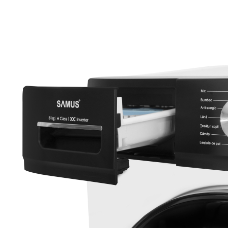 Masina de spalat rufe frontala Samus WSDMI-80142, 8 kg, 1400 rpm, clasa A, adancime 52 cm, motor inverter, program M-Smart, sterilizare cu abur, incarcare cu rufe in timpul spalarii, Alb [3]