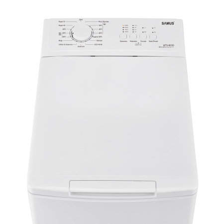 Masina de spalat rufe verticala Samus WTSI-80132, 8 kg, 1300 rpm, Motor Inverter, 15 programe, latime 40 cm, Programe speciala Hygiene, Blugi, Blocare acces copii, auto-echilibrare tambur, Alba [2]