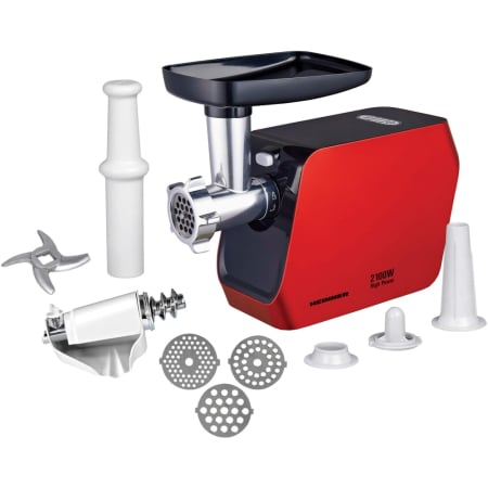 Masini de tocat - Masina de tocat Heinner MG-2100RD, 2100W, 1.8 kg/min, accesoriu rosii, accesorii carnati, cutit inox, 3 site taiere, rosu