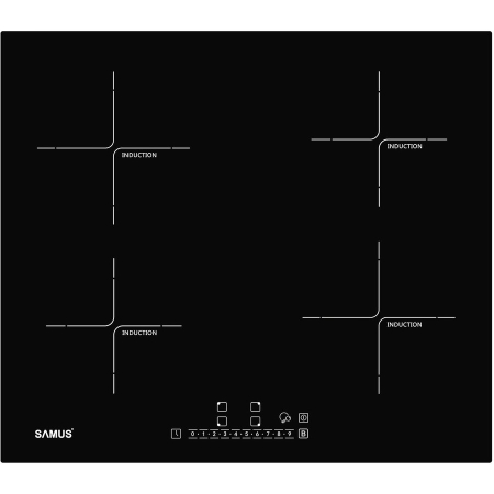 ELECTROCASNICE - Plita cu inductie incorporabila Samus PSI-64BG7, 4 zone de gatit, 7000 W, control touch, timer, oprire automata, functie blocare, indicator caldura reziduala, functie Boost, negru
