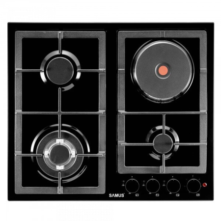Plite incorporabile - Plita mixta incorporabila, Samus PSGE-63SB1, 3 arzatoare pe gaz + 1 arzator electric, 7.7 kW, aprindere electrica, dispozitiv siguranta arzatoare, panou frontal, gratar fonta, negru