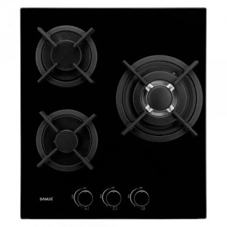 ELECTROCASNICE - Plita pe gaz incorporabila Samus PSG-43SG1, 3 arzatoare, arzator Wok, putere 6.2 kW, aprindere electrica, dispozitiv siguranta arzatoare, suport din sticla, gratare din fonta, negru